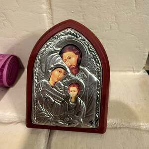 The Holy Family Greek Orthodox Byzantine Icon, Silver-Plated Wood Handicraft